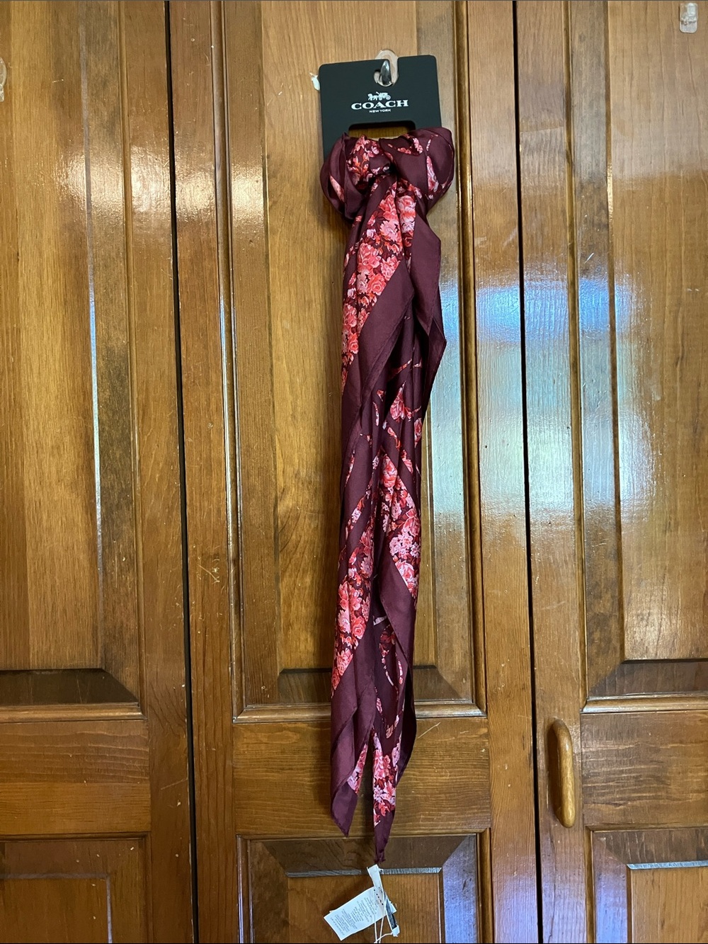 COACH- Logo/ Floral Border Silk Scarf Burgundy & Pink NWT, FREE GIFTS :):):)!!